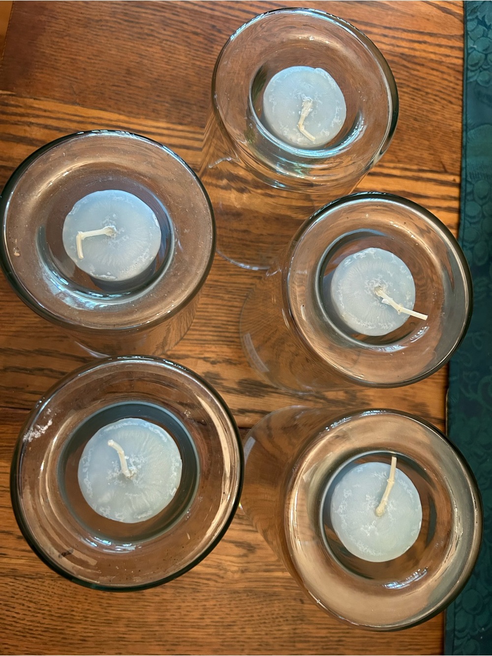 5 Clear 6”x4” Glass Hurricane Vase Sets w/ Light Blue Tealight Candles included!